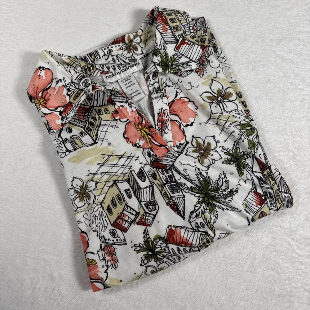 Cathy Daniels L Tropical Hibiscus Print Sparkle Embellished Stretch Top‎ - Picture 9 of 9
